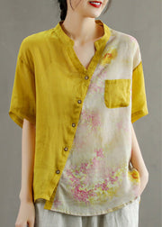 Frauen Gelb V-Ausschnitt Asymmetrische Print Bluse Tops Kurzarm