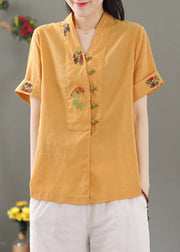 Women Yellow V Neck Embroidered Button Shirt Short Sleeve