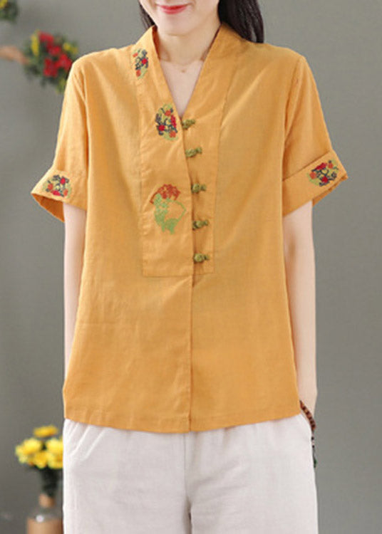 Women Yellow V Neck Embroidered Button Shirt Short Sleeve