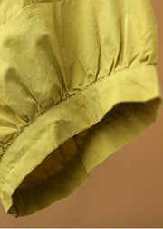 Frauen Gelb V-Ausschnitt Patchwork Baumwolle Lose Shirt Tops Kurzarm
