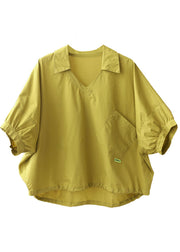 Women Yellow V Neck Patchwork Cotton Loose Shirt Tops Short Sleeve