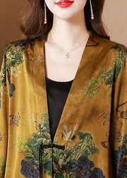 Women Yellow V Neck Tasseled Button Print Silk Cardigans Coats Spring