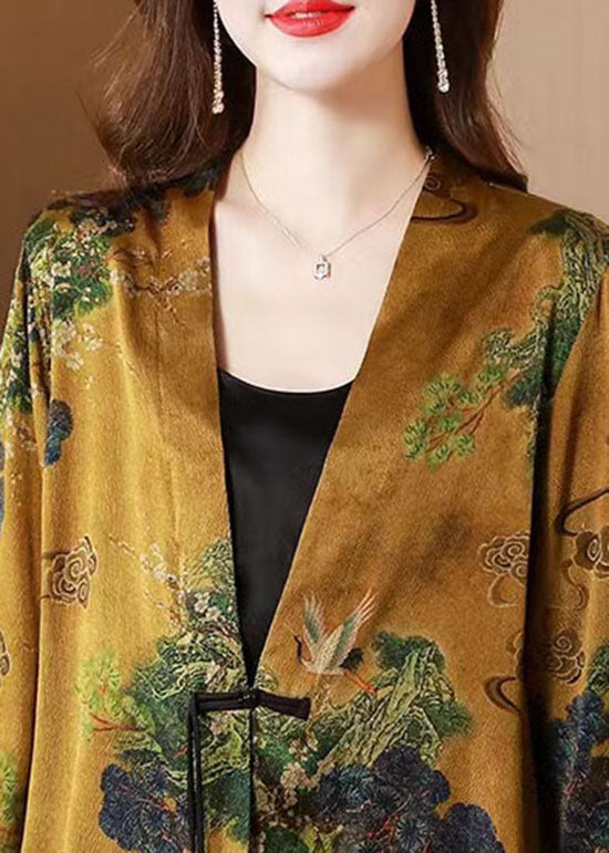 Women Yellow V Neck Tasseled Button Print Silk Cardigans Coats Spring