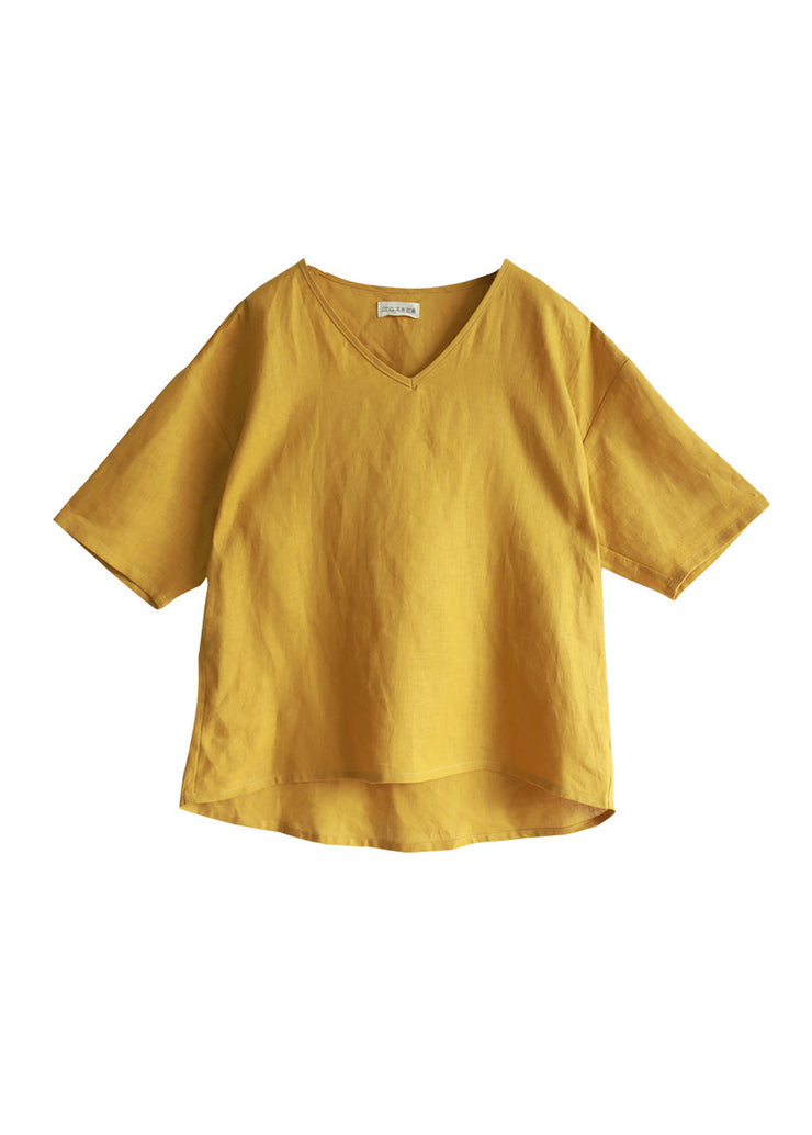 Women Yellow V Neck low high design Linen Tops Short Sleeve
