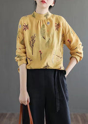 Women Yellow Wrinkled Embroidered Patchwork Linen Shirt Tops Spring