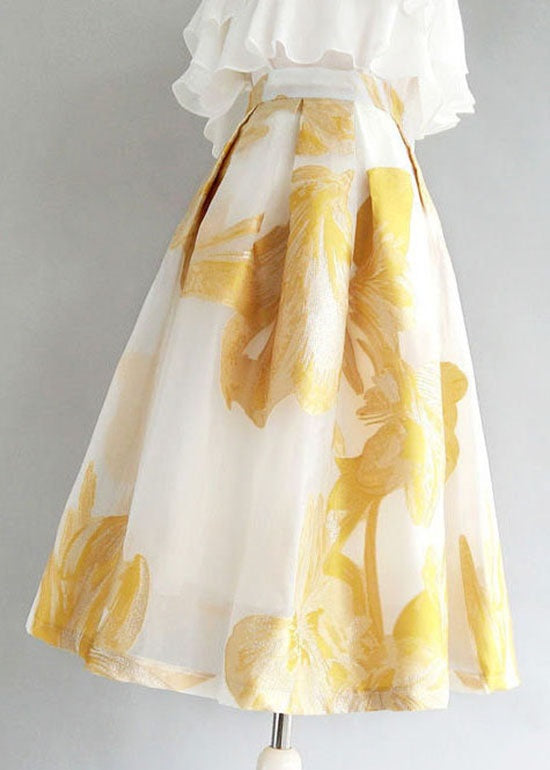 Women Yellow Wrinkled Patchwork Embroidered Tulle Skirt Summer