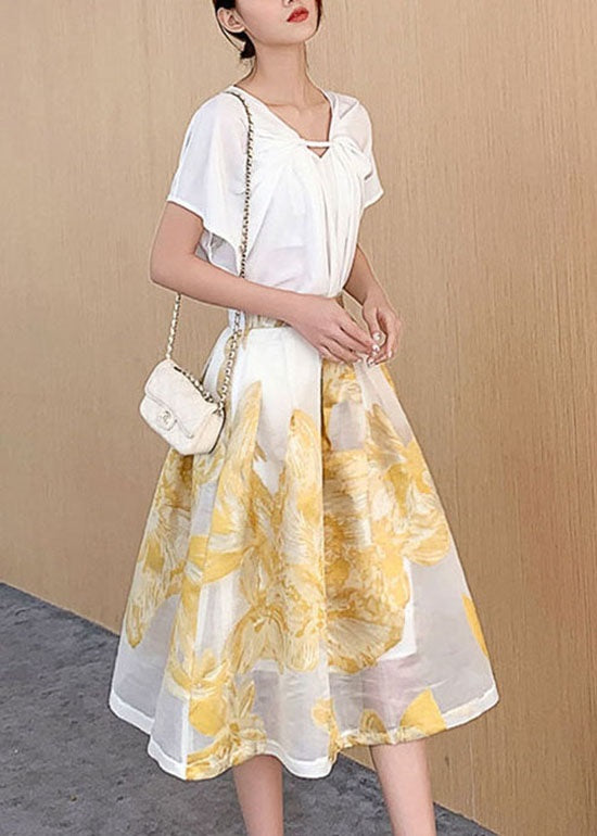 Women Yellow Wrinkled Patchwork Embroidered Tulle Skirt Summer