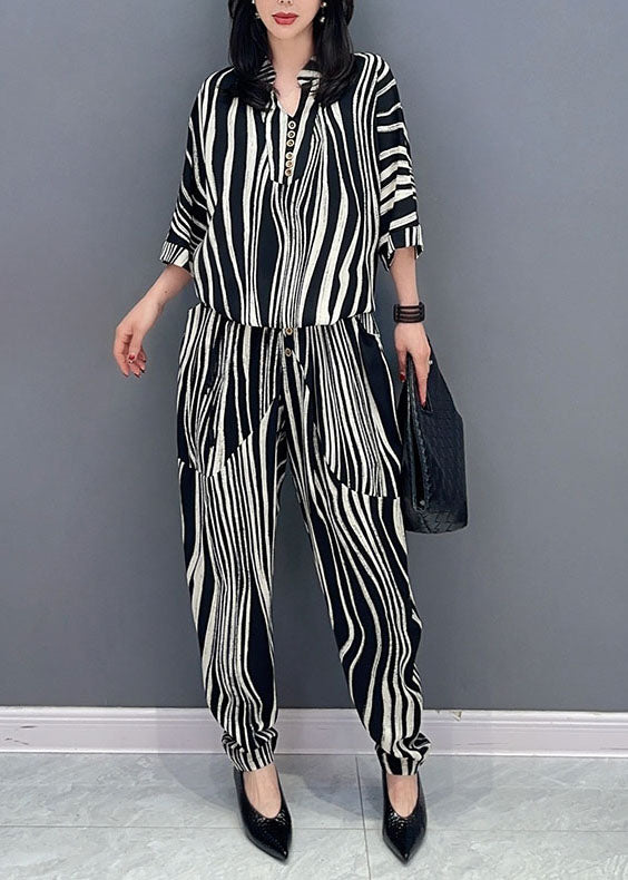 Women Zebra Pattern Pockets Patchwork Cotton Two Pieces Set Summer