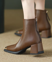 Women Zippered Splicing Elegant Chunky Boots Brown Cowhide Leather