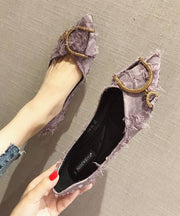 Women Zircon Splicing Pointed Toe Flat Shoes Purple Cotton Fabric