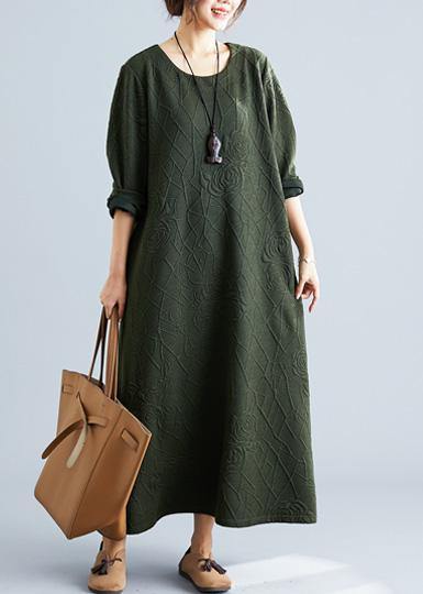 Women army green cotton dress o neck jacquard Robe fall Dresses - SooLinen