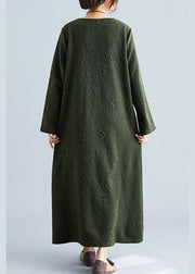 Women army green cotton dress o neck jacquard Robe fall Dresses - SooLinen
