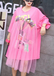 Women asymmetric Cotton tunic pattern Tunic Tops pink patchwork tulle Dress summer - SooLinen