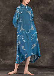 Women asymmetric Half sleeve linen dress Vintage Work Outfits blue print loose Dress Summer