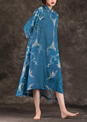 Damen asymmetrisches Leinenkleid mit halben Ärmeln Vintage Work Outfits blau bedrucktes lockeres Kleid Sommer