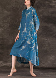 Damen asymmetrisches Leinenkleid mit halben Ärmeln Vintage Work Outfits blau bedrucktes lockeres Kleid Sommer