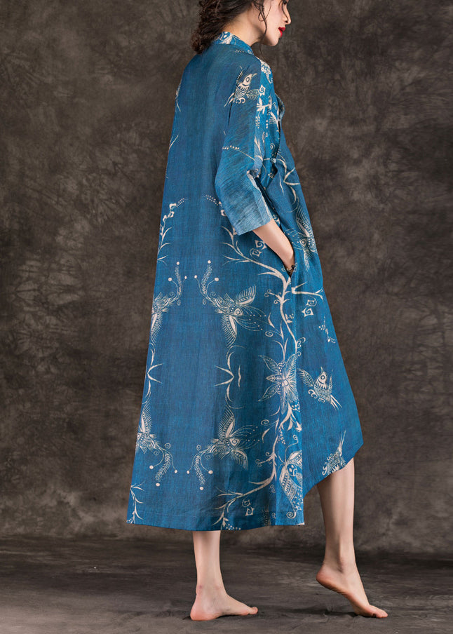 Women asymmetric Half sleeve linen dress Vintage Work Outfits blue print loose Dress Summer