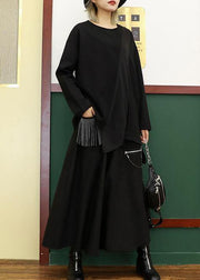 Women asymmetric cotton linen tops black shirts o neck patchwork - SooLinen