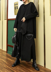 Women asymmetric cotton linen tops black shirts o neck patchwork - SooLinen