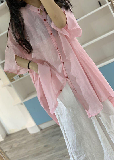 Women asymmetric hem linen clothes Christmas Gifts pink stand collar shirt Dresses - SooLinen