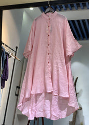 Women asymmetric hem linen clothes Christmas Gifts pink stand collar shirt Dresses - SooLinen