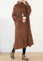 Women back open Sweater high neck dress outfit plus size drak brown daily knit dresses - SooLinen