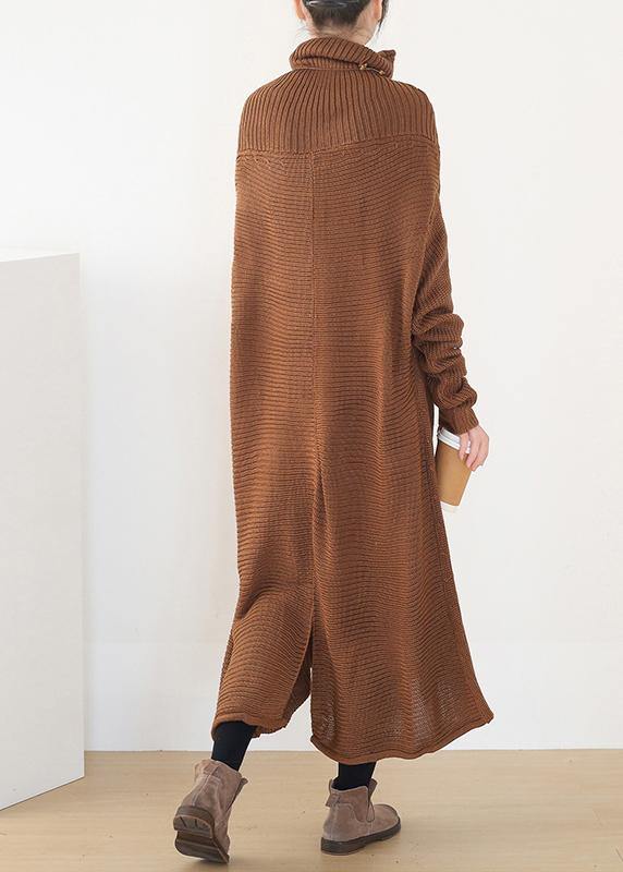 Women back open Sweater high neck dress outfit plus size drak brown daily knit dresses - SooLinen