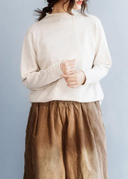 Women beige Blouse wild fall fashion high neck knit sweat tops - SooLinen