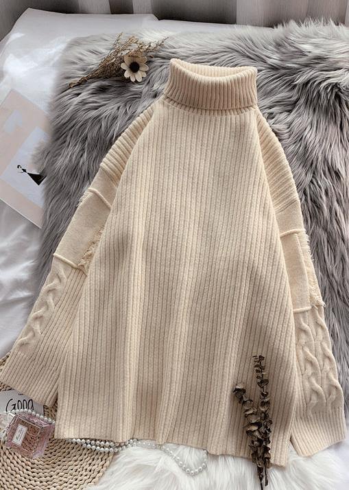 Women beige Sweater Wardrobes Refashion wild tunic high neck sweater - SooLinen