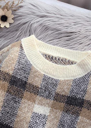 Women beige crane tops warm plus size plaid knit sweat tops - SooLinen
