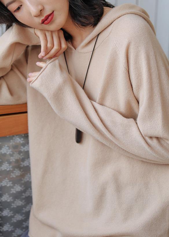 Women beige knit tops fall fashion hooded baggy knitted top - SooLinen