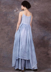 Women big hem linen clothes Tunic Tops blue sleeveless Dress summer - SooLinen