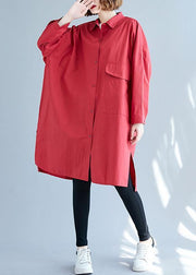 Women big pockets Cotton red long sleeve shirt Dresses fall - SooLinen