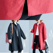 Women big pockets Cotton red long sleeve shirt Dresses fall - SooLinen