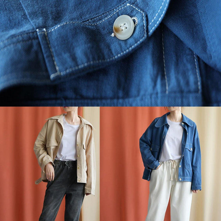 Women big pockets cotton blouses for women Tutorials blue coats fall - SooLinen