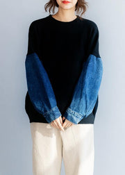Women black Blouse patchwork sleeve fashion winter knitted blouse - SooLinen