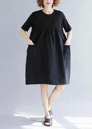 Women black Cotton blended o neck pockets loose summer Dresses - SooLinen