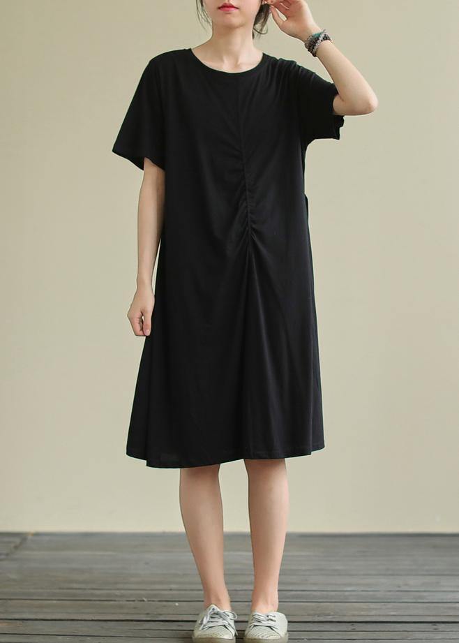 Women black Cotton clothes o neck Cinched oversized summer Dresses - SooLinen