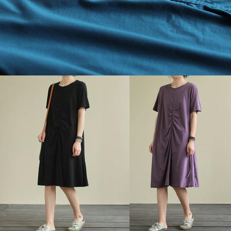 Women black Cotton clothes o neck Cinched oversized summer Dresses - SooLinen