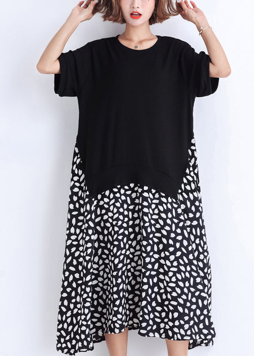Frauen schwarzes Baumwoll-Tunika-Kleid Casual Muster Patchwork falsche zweiteilige übergroße Sommerkleider