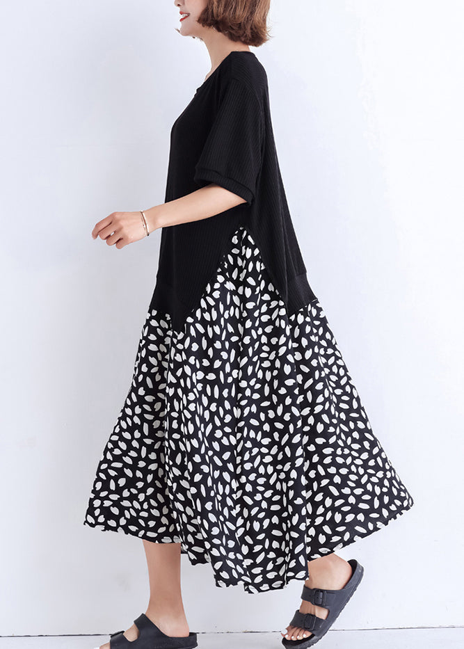 Women black Cotton tunic dress Casual pattern patchwork false two pieces oversized Summer Dresses