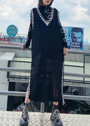 Women black Letter Sweater dresses Largo v neck side open Art  knit dress - SooLinen