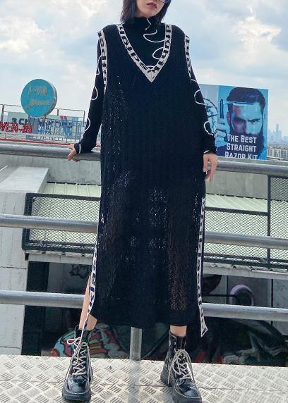 Women black Letter Sweater dresses Largo v neck side open Art  knit dress - SooLinen