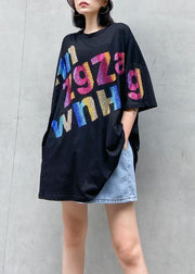 Women black Letter cotton tunic top o neck oversized blouse - SooLinen