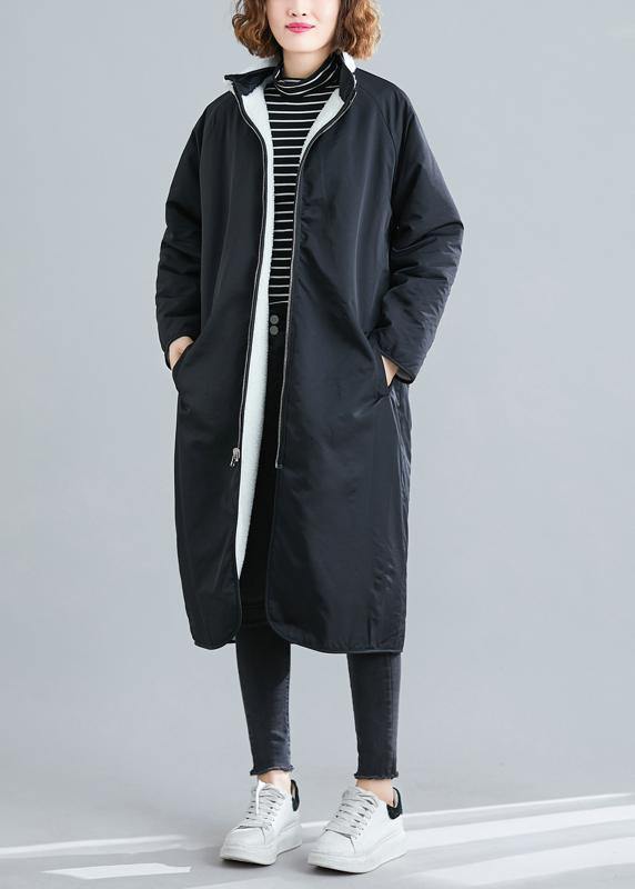 Women black Plus Size casual coats Fabrics zippered patchwork outwears - SooLinen