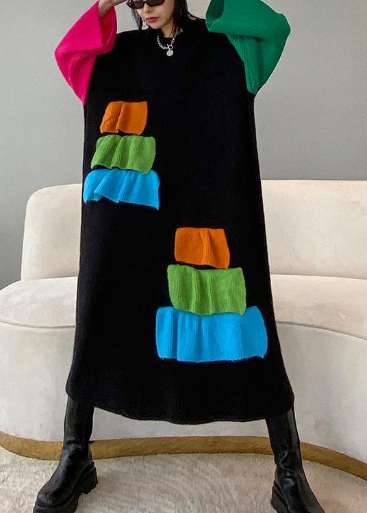 Women black Sweater Aesthetic Refashion o neck patchwork DIY knit dresses - SooLinen