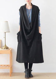 Women black Sweater dress outfit plus size o neck asymmetric Art knitwear - SooLinen