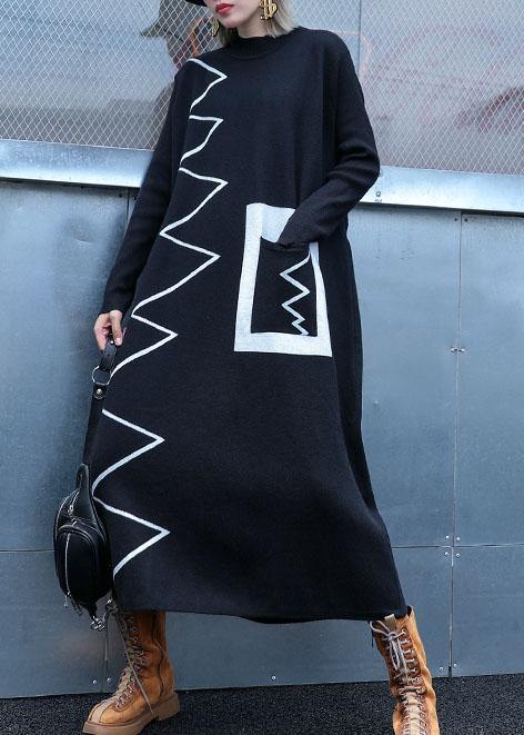 Women black Sweater dresses DIY patchwork color Ugly fall knitwear - SooLinen