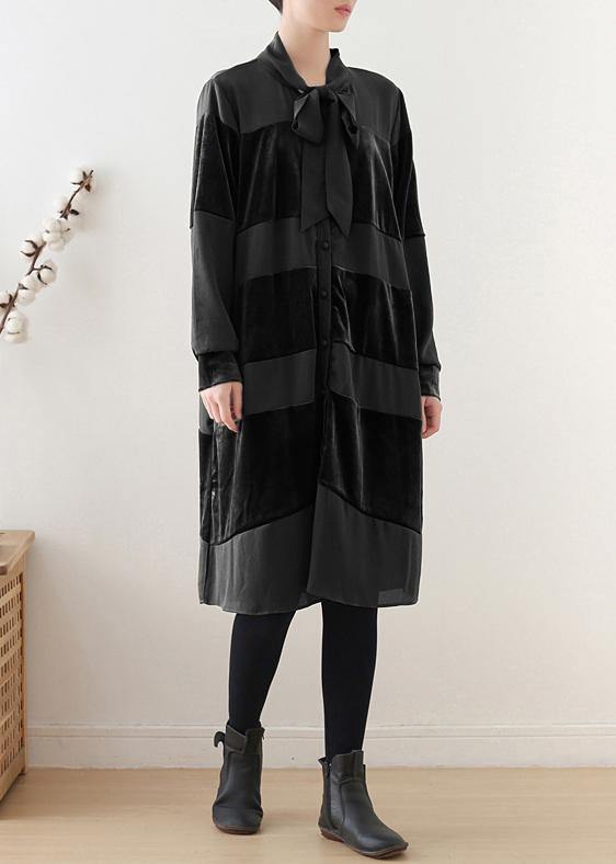 Women black Tunics o neck patchwork robes fall Dresses - SooLinen