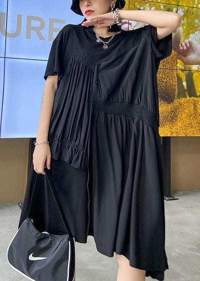 Women black Tunics o neck Cinched Maxi asymmetric Dress - SooLinen